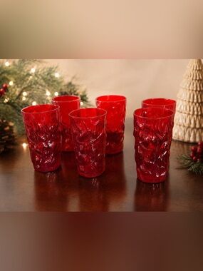 Set of 6 Vintage Morgantown Seneca Driftwood Red Textured Glass Tumblers